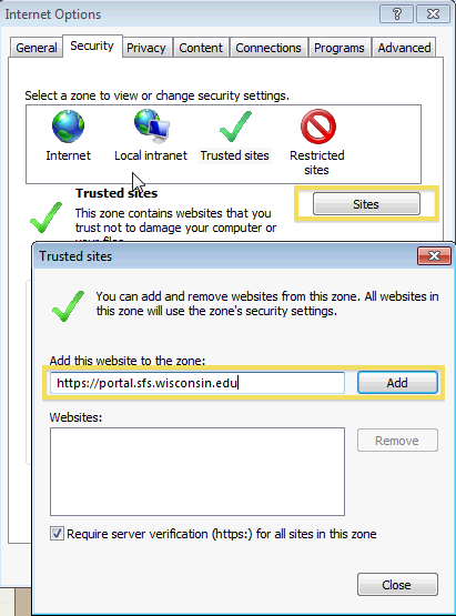 Trusted Sites Options Window
